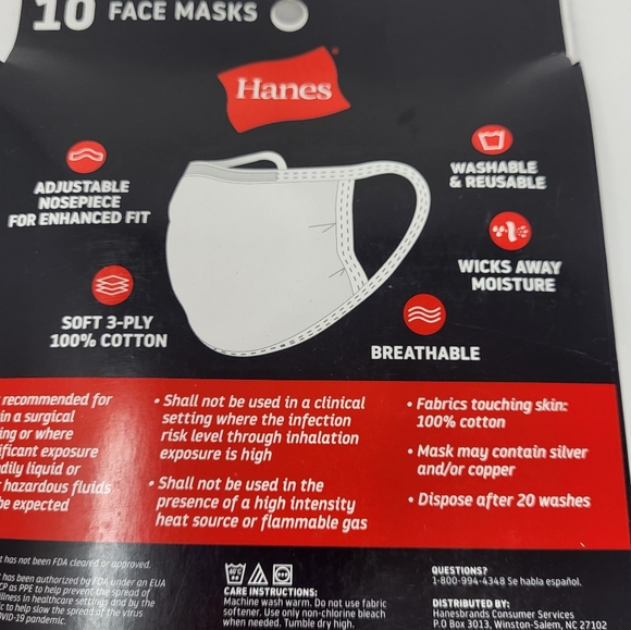 Hanes 10 White 3 Ply Cotton Reusable Face Masks White - Picture 4 of 4